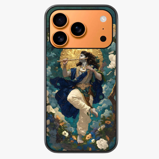 Divine Krishna Art Glass Case captured at a warm angle highlighting gloss, texture and premium glass finish.