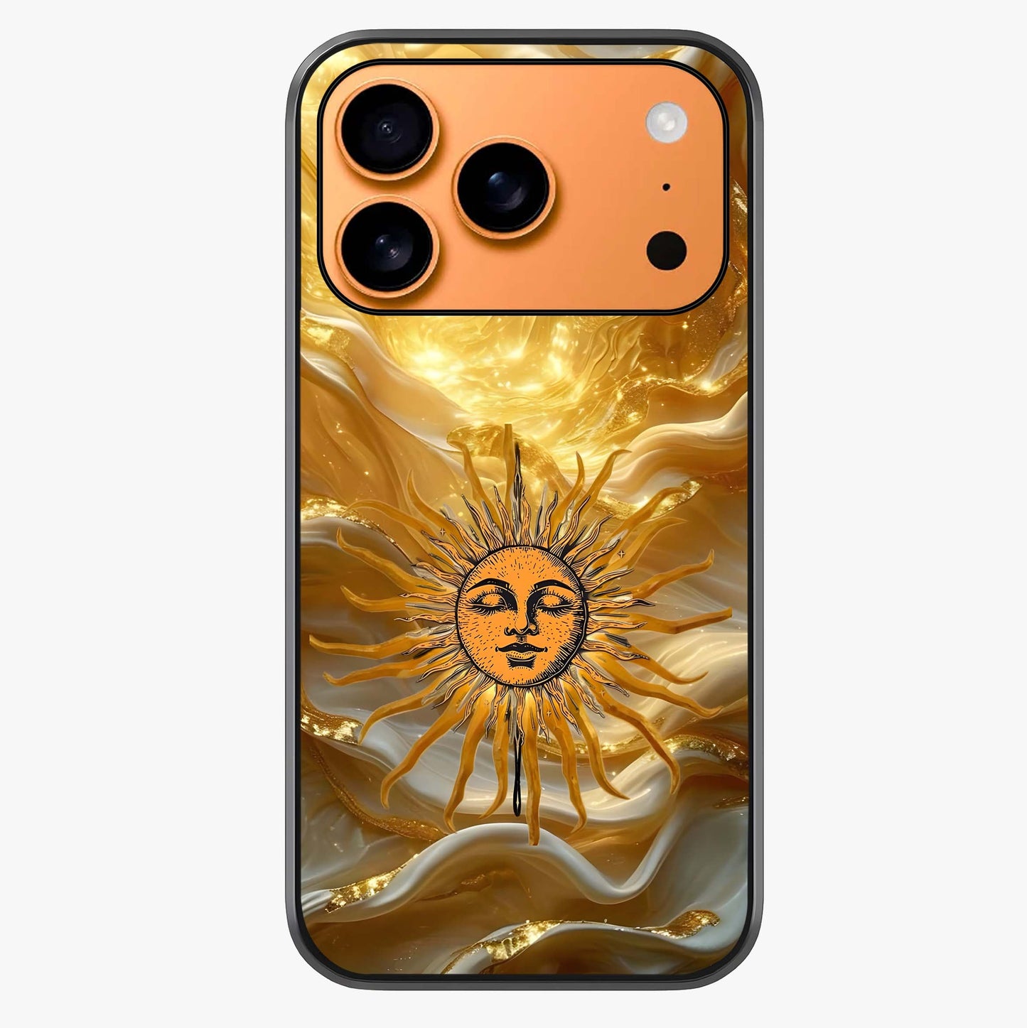 Eternal Golden Glow Glass Case captured at a warm angle highlighting gloss, texture and premium glass finish.