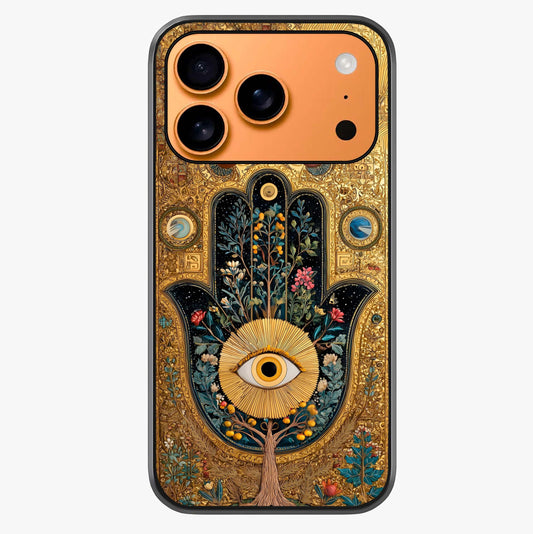 Ethereal Evil Eye Glass Case captured at a warm angle highlighting gloss, texture and premium glass finish.