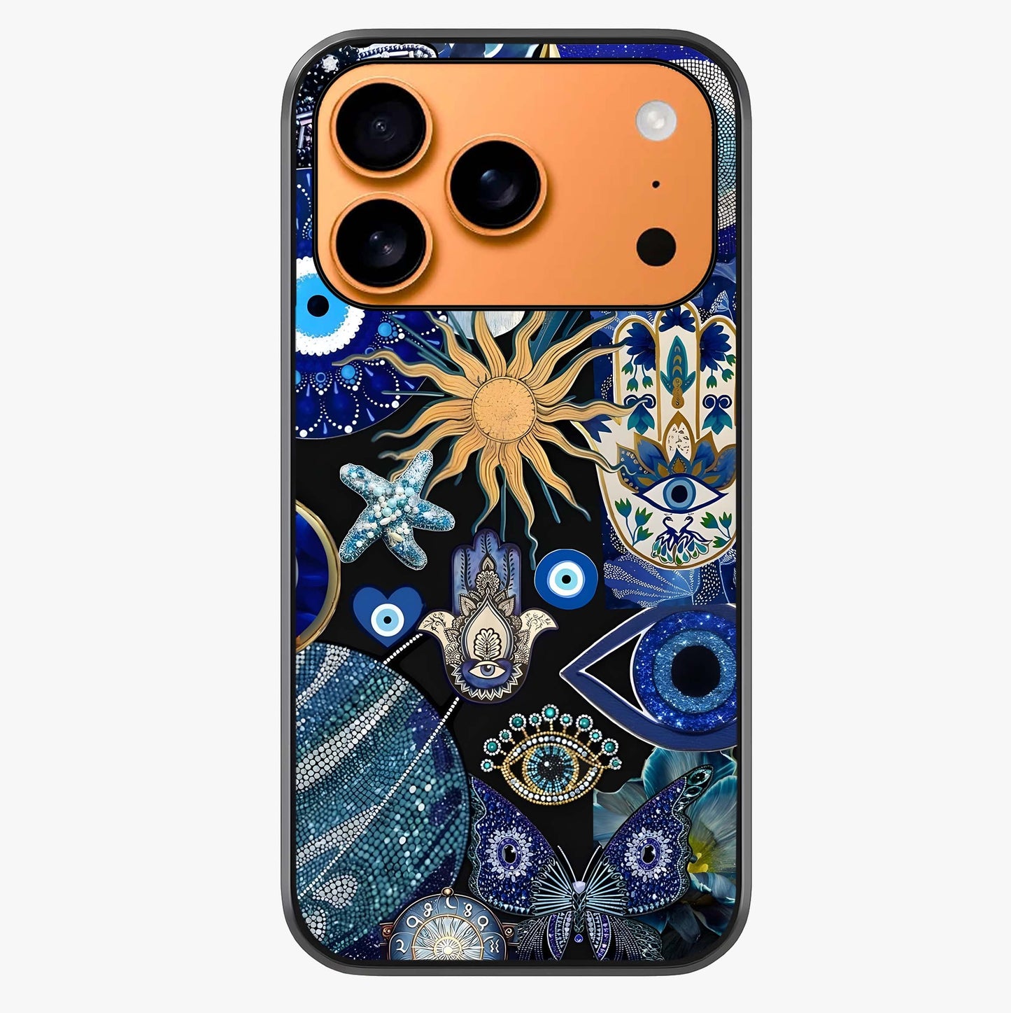 Evil Eye Charm Mix Glass Case captured at a warm angle highlighting gloss, texture and premium glass finish.