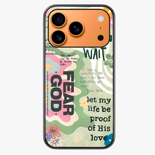 Faith Over Fear Glass Case captured at a warm angle highlighting gloss, texture and premium glass finish.