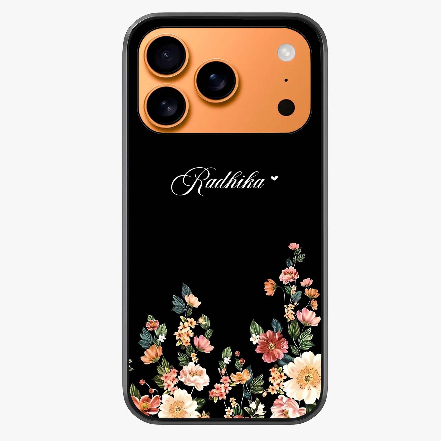 Floral Design With A Custom Personalized Name Glass Case captured at a warm angle highlighting gloss, texture and premium glass finish.