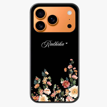 Floral Design With A Custom Personalized Name Glass Case captured at a warm angle highlighting gloss, texture and premium glass finish.