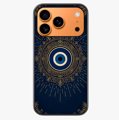Golden Evil Eye Mandala Glass Case captured at a warm angle highlighting gloss, texture and premium glass finish.
