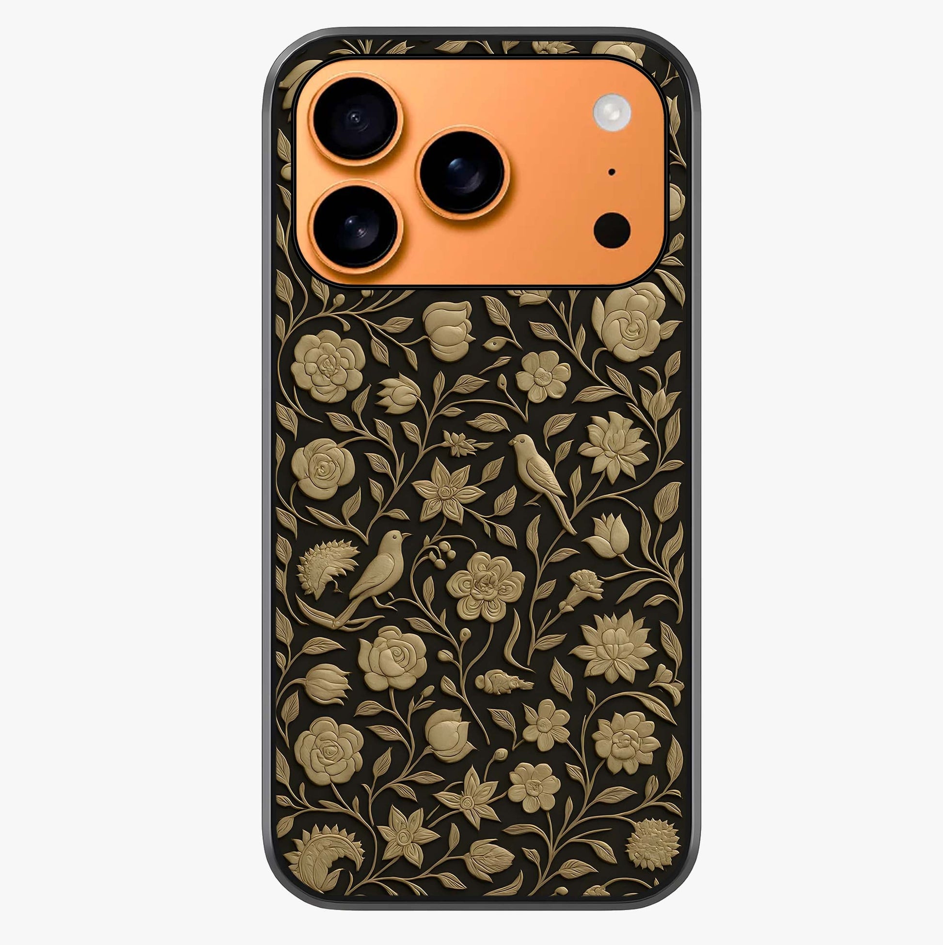 Golden Floral Majesty Glass Case captured at a warm angle highlighting gloss, texture and premium glass finish.