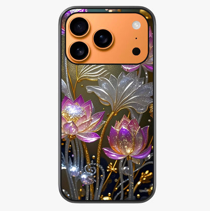 Golden Lotus Glow Glass Case captured at a warm angle highlighting gloss, texture and premium glass finish.