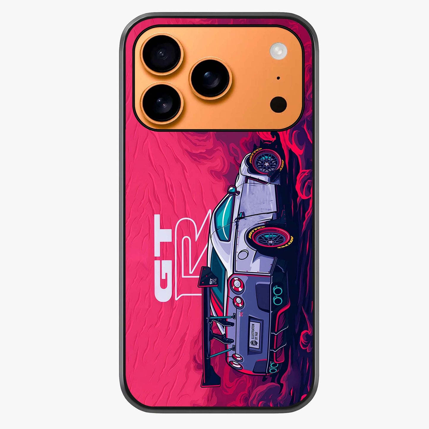 GT R Car Pattern Glass Case captured at a warm angle highlighting gloss, texture and premium glass finish.