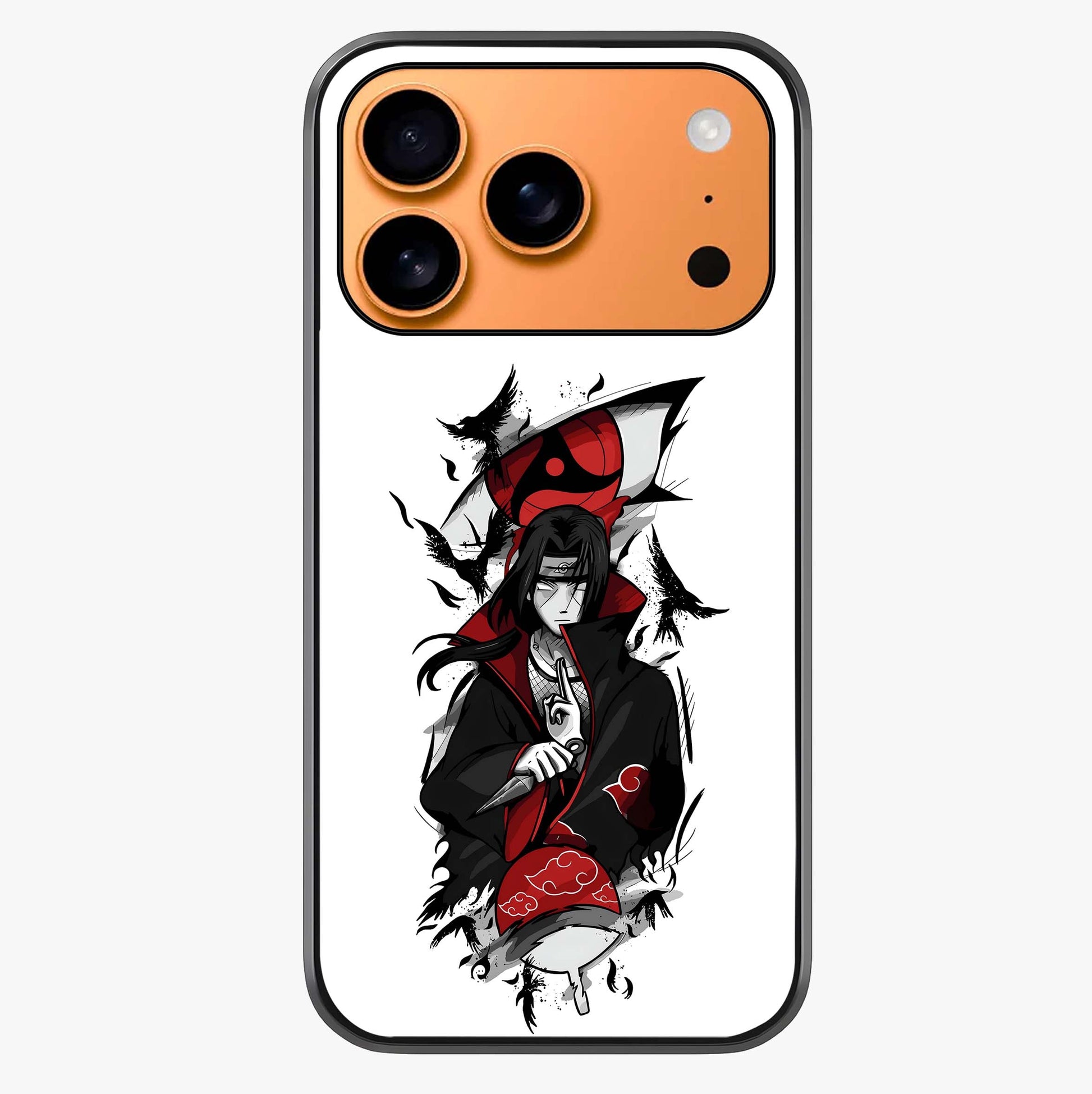 Itachi Sharingan Glass Case captured at a warm angle highlighting gloss, texture and premium glass finish.