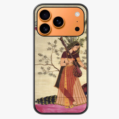 Lady With Veena Art Glass Case captured at a warm angle highlighting gloss, texture and premium glass finish.