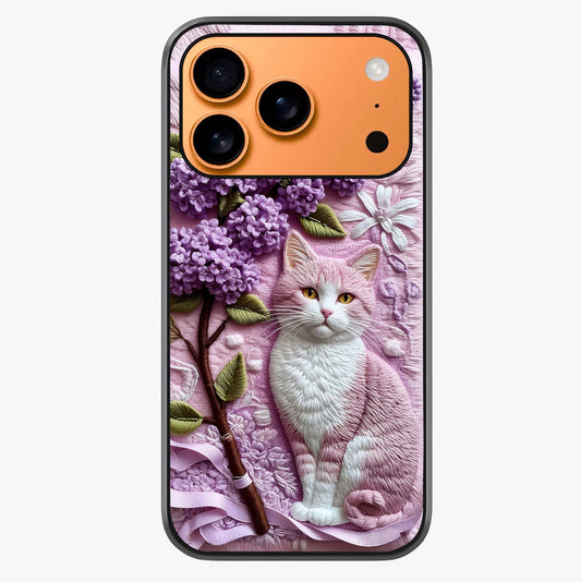 Lavender Cat Whimsy Glass Case captured at a warm angle highlighting gloss, texture and premium glass finish.