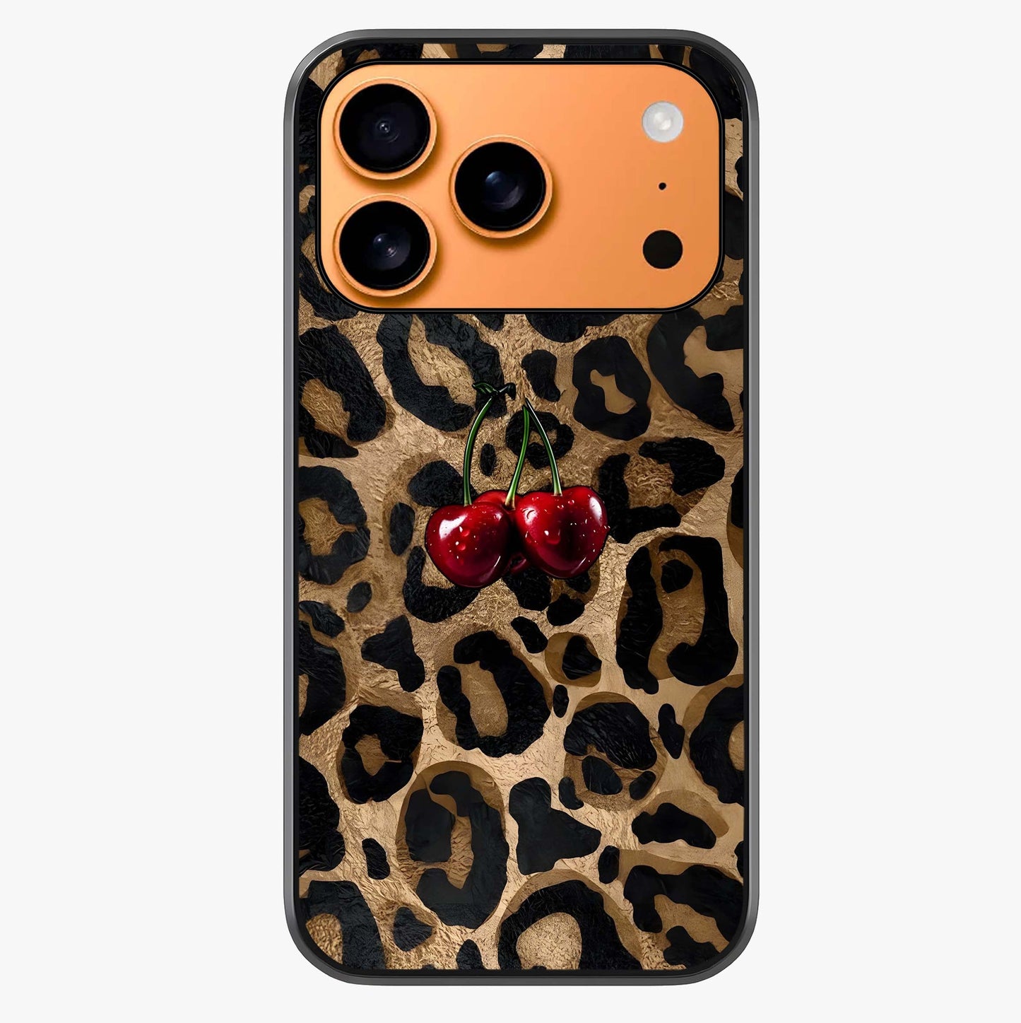 Leopard Wild Cherry Glass Case captured at a warm angle highlighting gloss, texture and premium glass finish.
