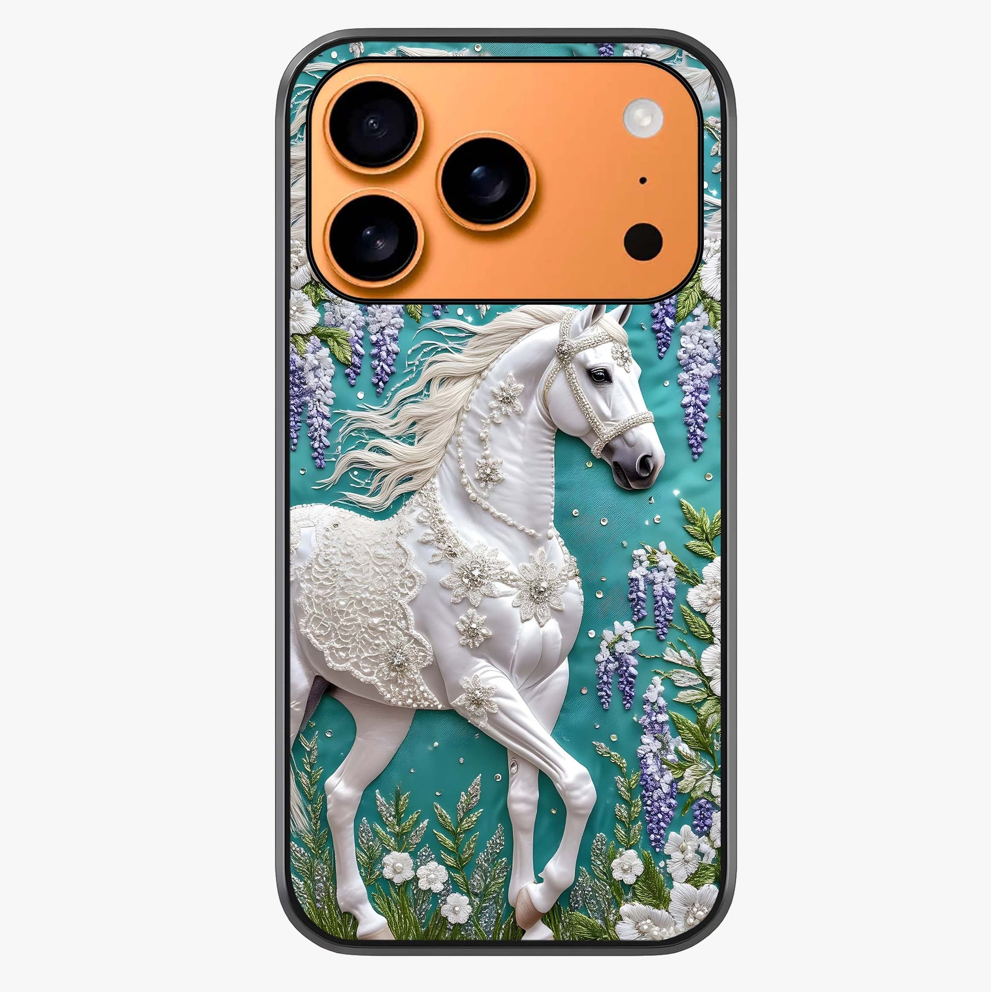 Majestic Floral Stallion Glass Case captured at a warm angle highlighting gloss, texture and premium glass finish.
