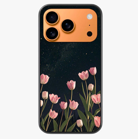 Midnight Tulip Whispers Vibe Glass Case captured at a warm angle highlighting gloss, texture and premium glass finish.