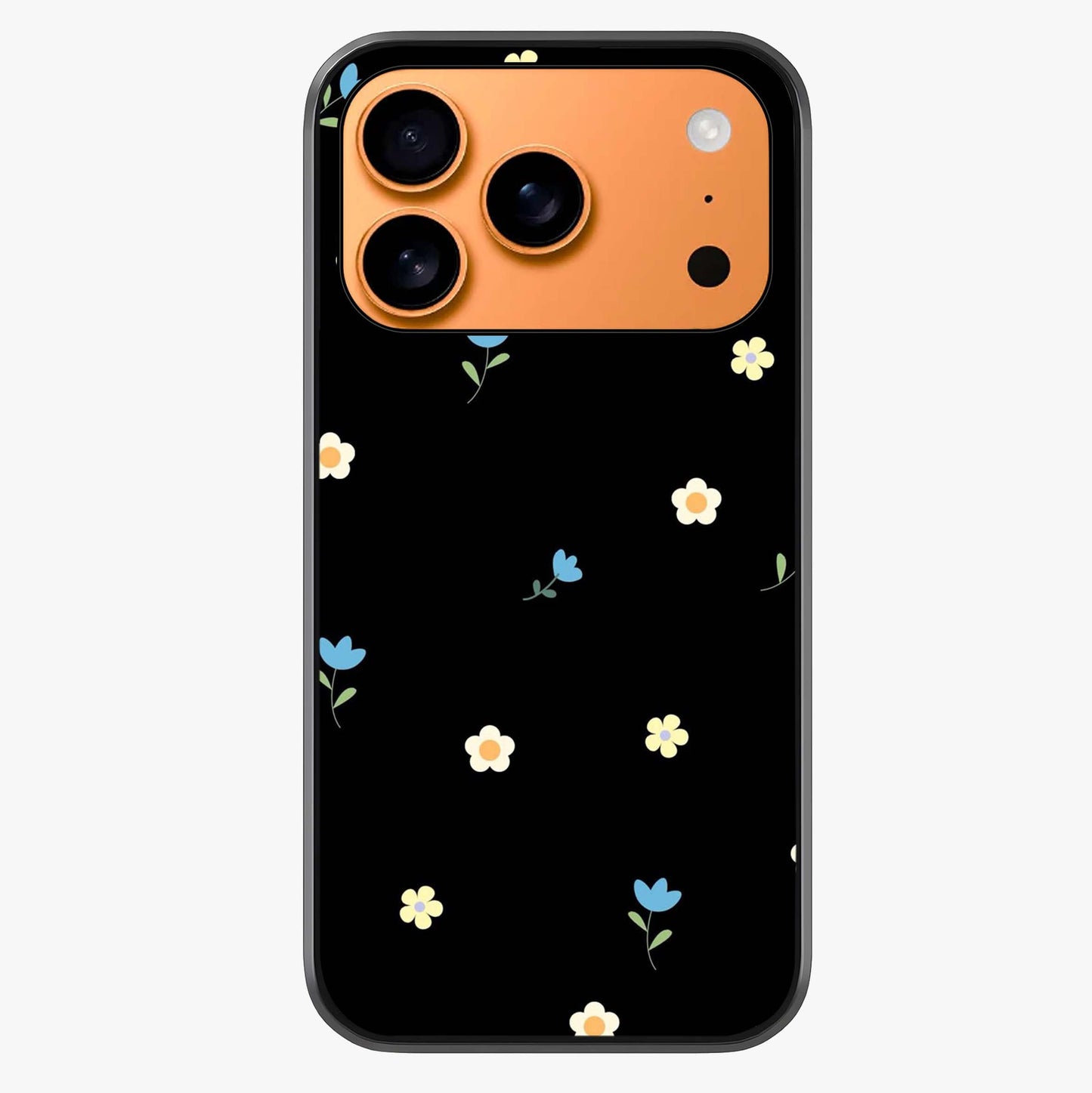 Minimalistic Blue With White Flower Pattern Glass Case captured at a warm angle highlighting gloss, texture and premium glass finish.
