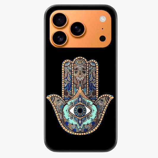 Mystic Hamsa Eye Glass Case captured at a warm angle highlighting gloss, texture and premium glass finish.