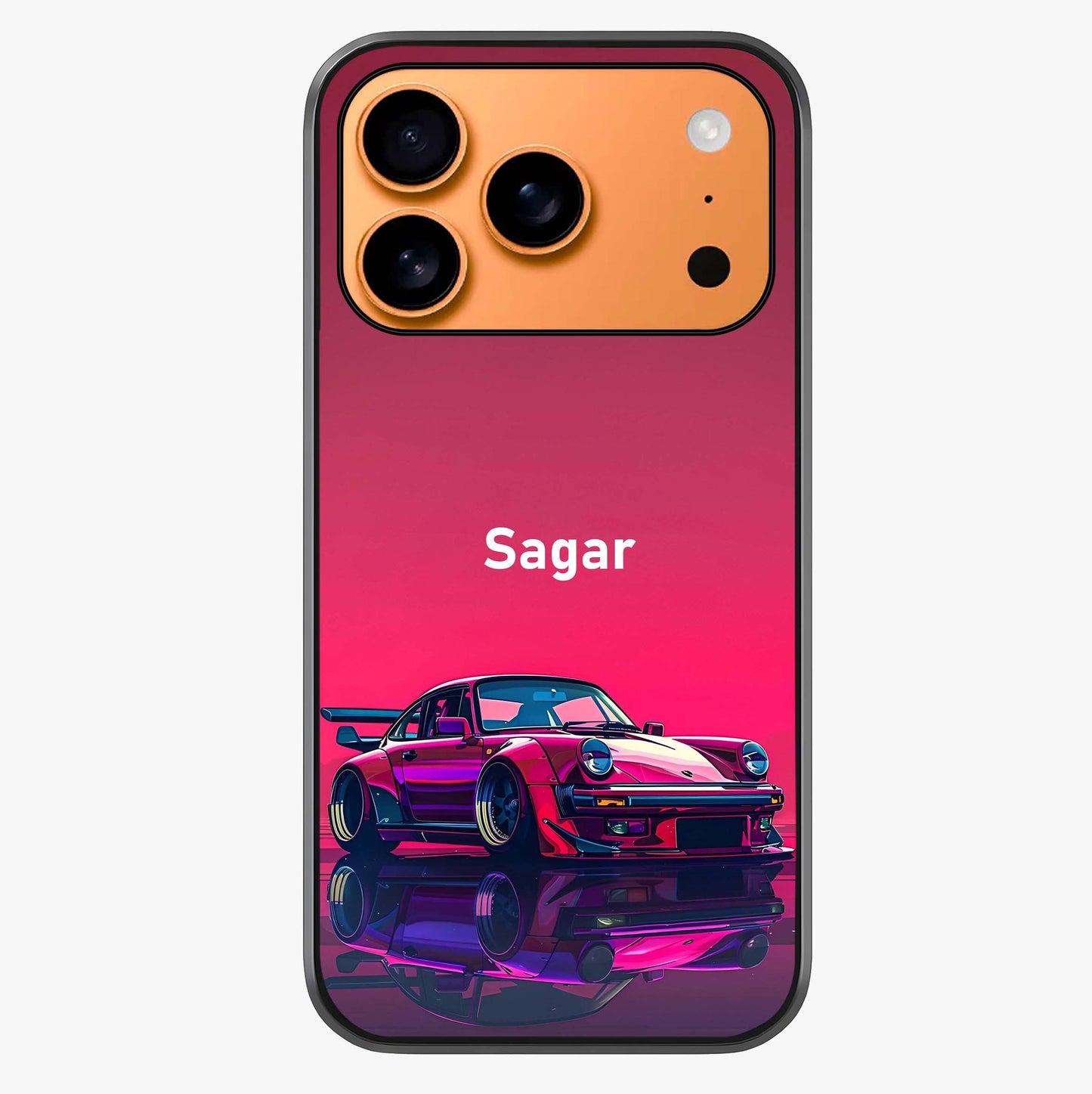 Neon Pink Porsche Glass Case captured at a warm angle highlighting gloss, texture and premium glass finish.