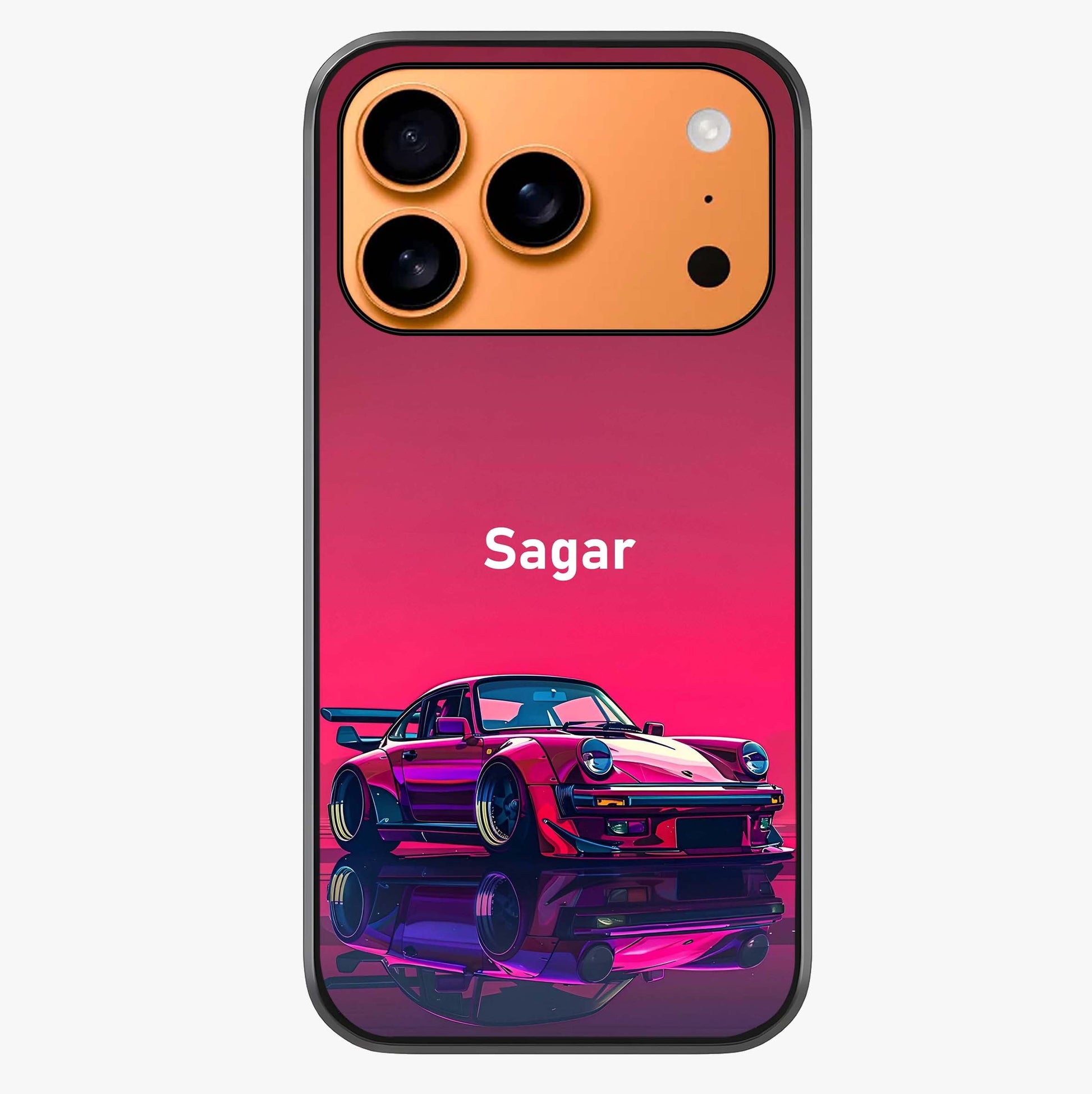 Neon Pink Porsche Glass Case captured at a warm angle highlighting gloss, texture and premium glass finish.