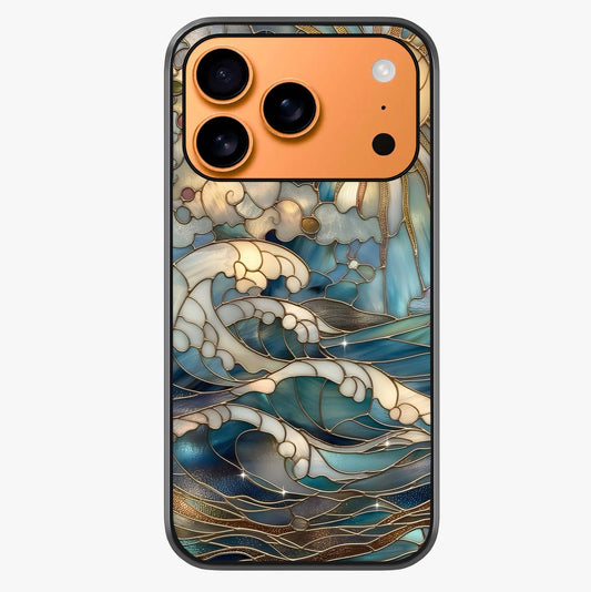 Oceanic Stained Printed Glass Case captured at a warm angle highlighting gloss, texture and premium glass finish.