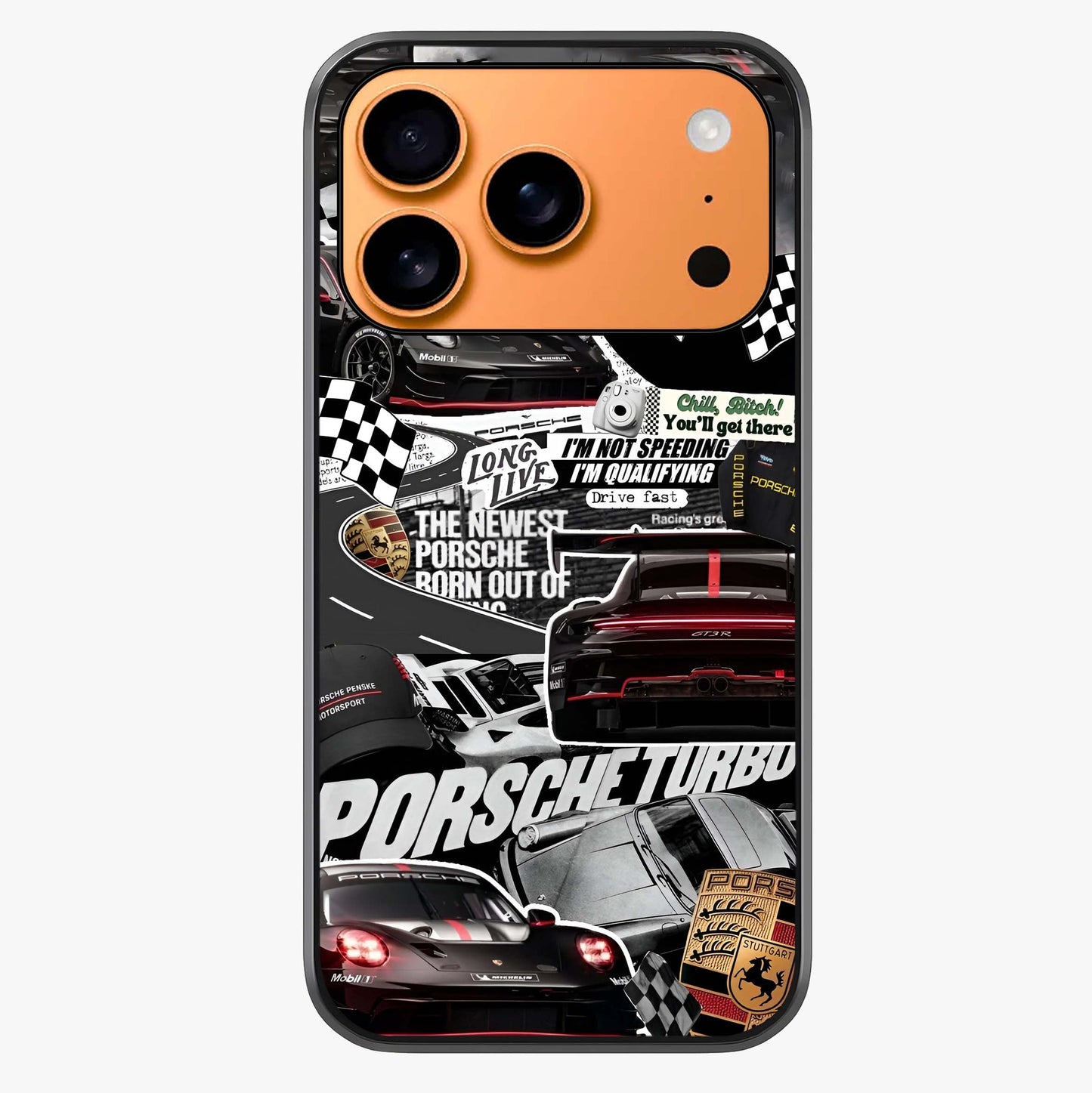Porsche Racing Collage Glass Case captured at a warm angle highlighting gloss, texture and premium glass finish.