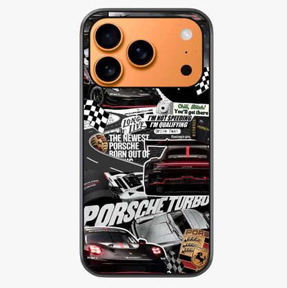 Porsche Racing Collage Glass Case captured at a warm angle highlighting gloss, texture and premium glass finish.