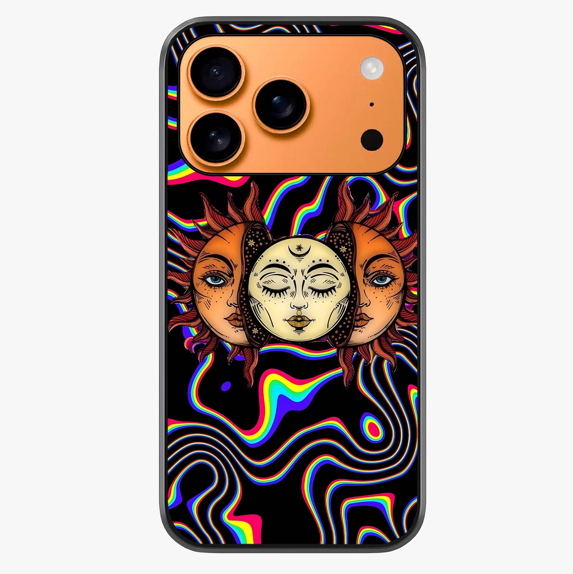 Psychedelic Sun Glass Case captured at a warm angle highlighting gloss, texture and premium glass finish.