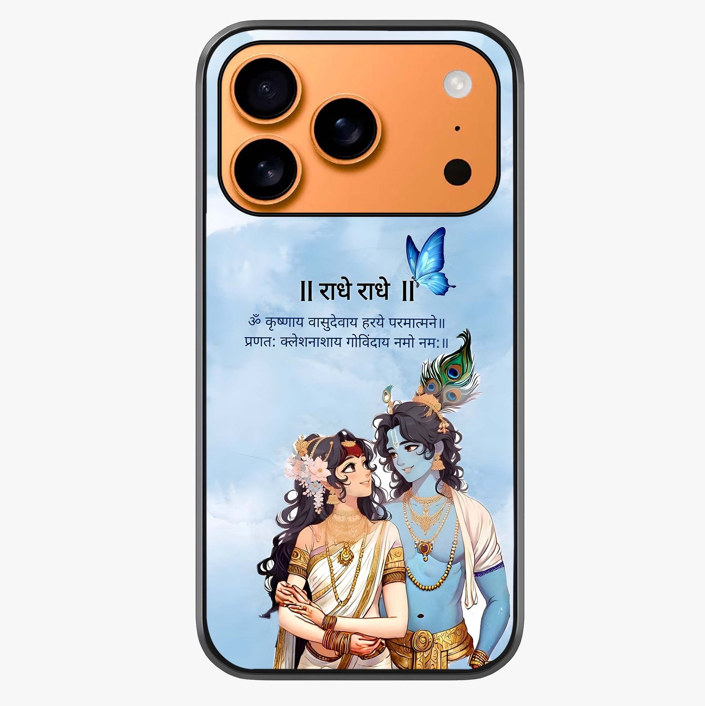 Radha Krishna Eternal Glass Case captured at a warm angle highlighting gloss, texture and premium glass finish.