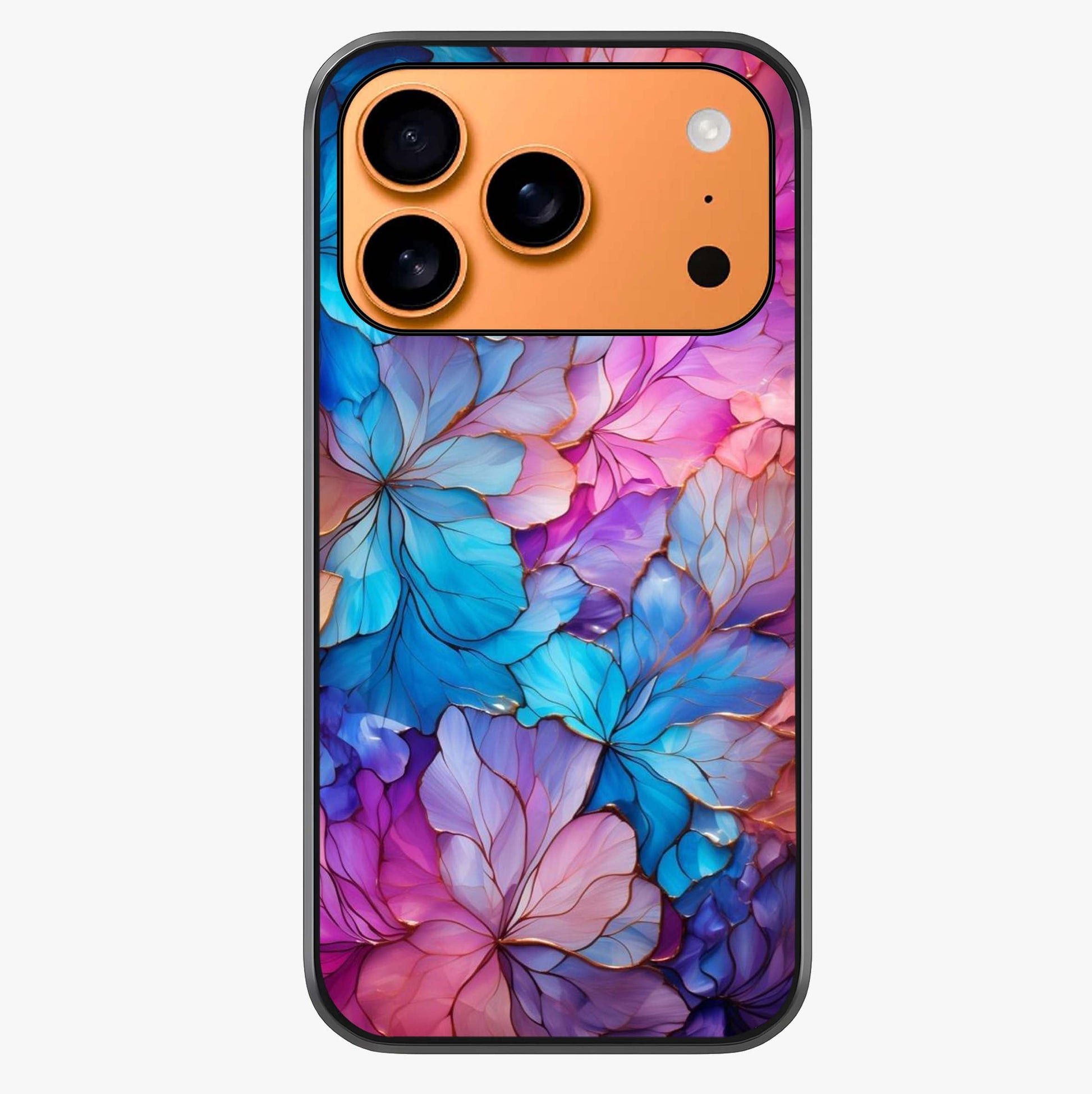 Radiant Floral Whirl Glass Case captured at a warm angle highlighting gloss, texture and premium glass finish.