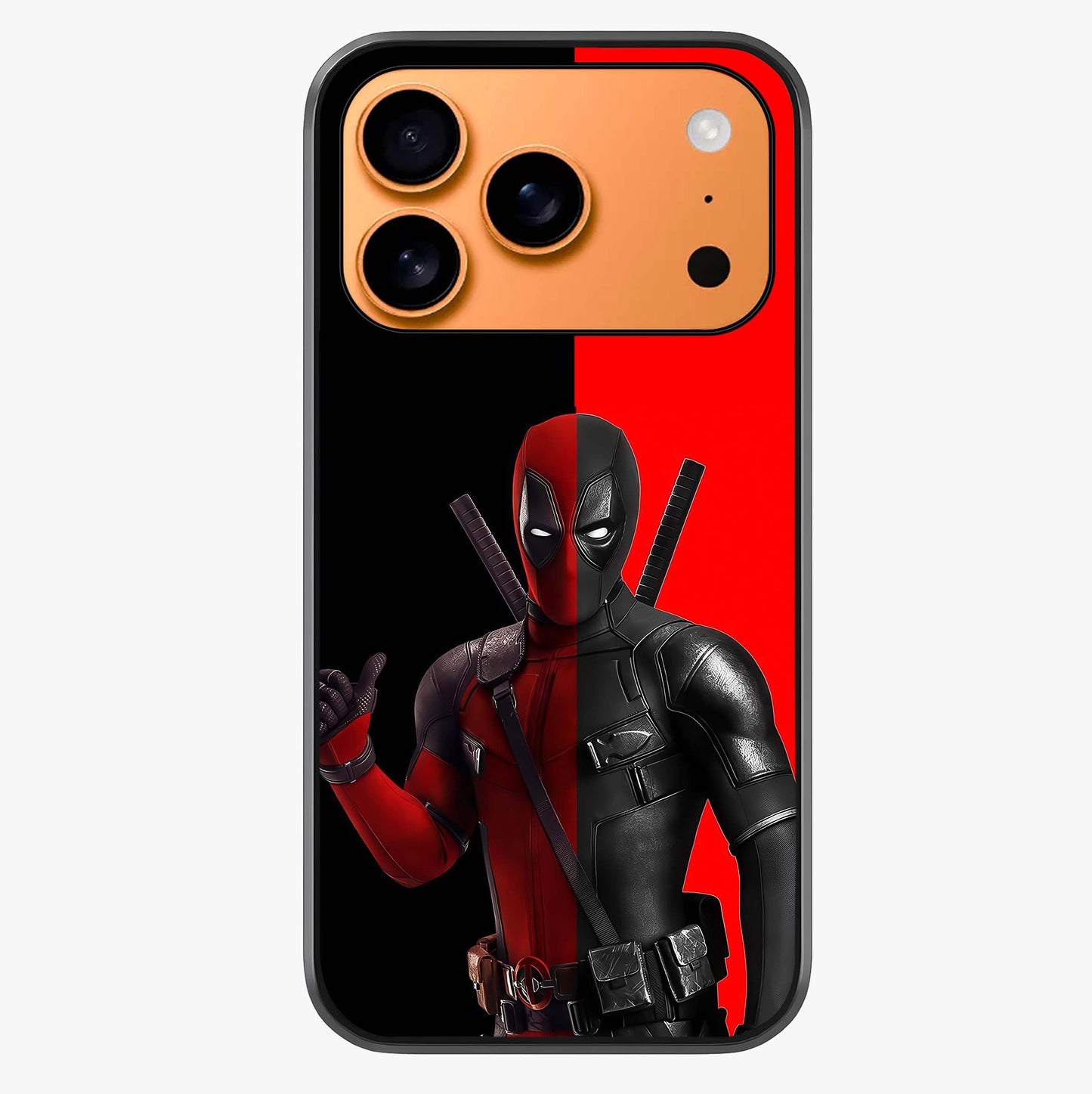 Red & Black Deadpool Theme Glass Case captured at a warm angle highlighting gloss, texture and premium glass finish.