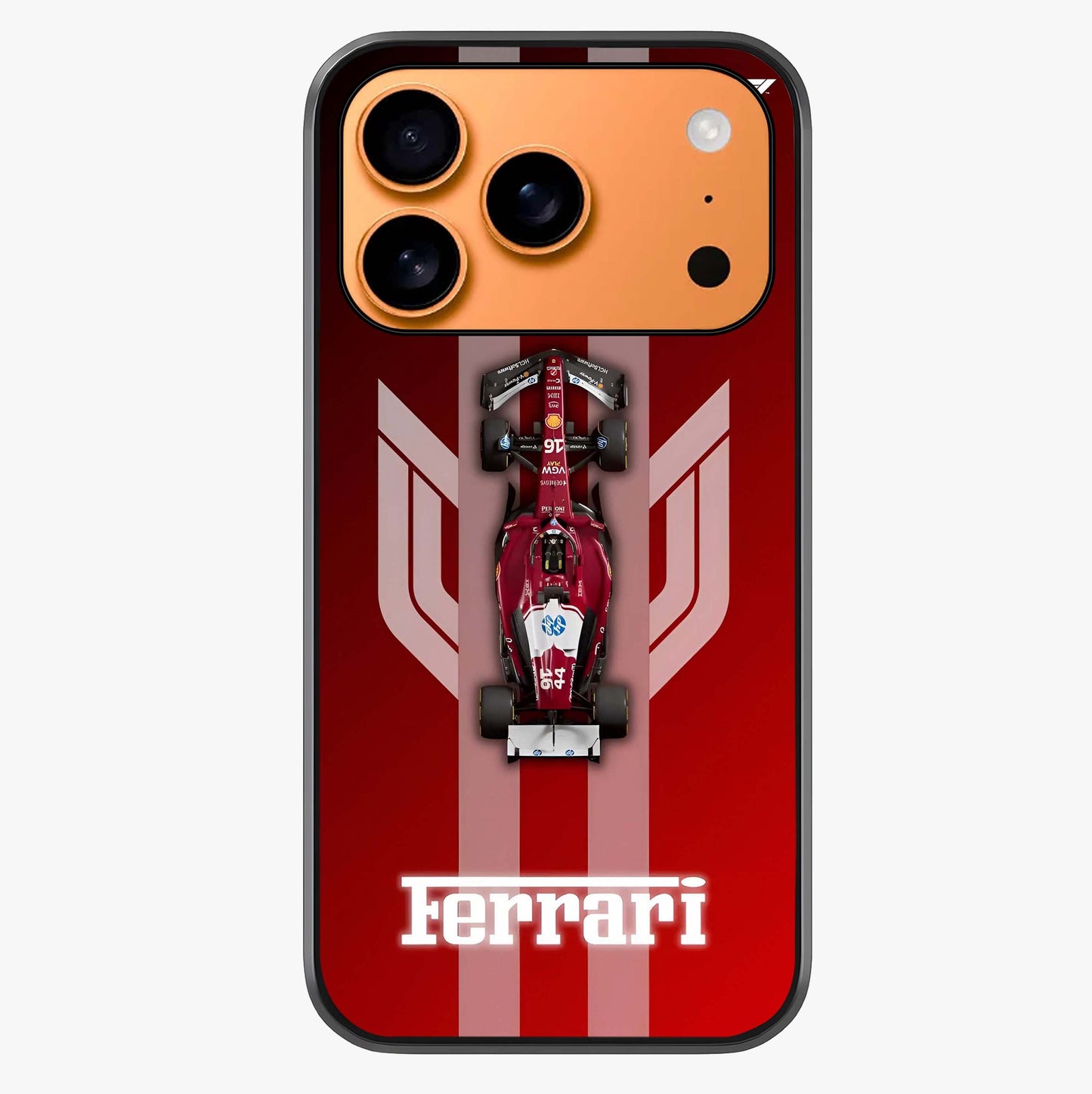 Red Ferrari F1 Vertical Glass Case captured at a warm angle highlighting gloss, texture and premium glass finish.
