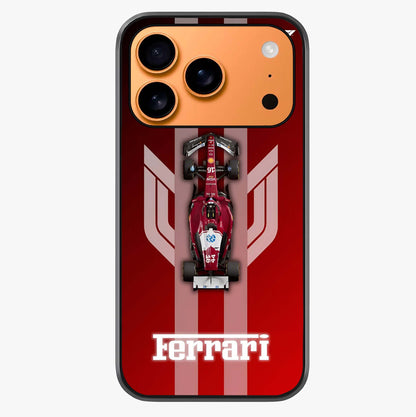Red Ferrari F1 Vertical Glass Case captured at a warm angle highlighting gloss, texture and premium glass finish.