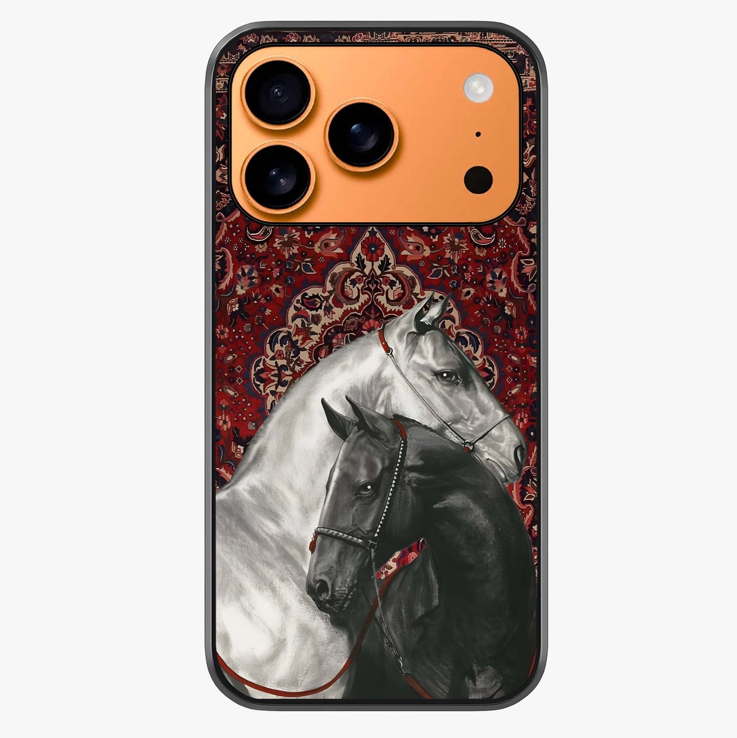 Regal Stallion Tapestry Glass Case captured at a warm angle highlighting gloss, texture and premium glass finish.