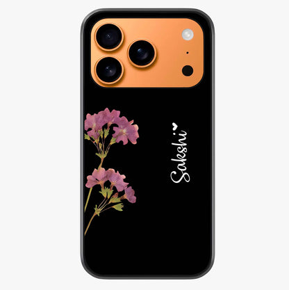 Riching Lavender Flower Custom Name Glass Case captured at a warm angle highlighting gloss, texture and premium glass finish.