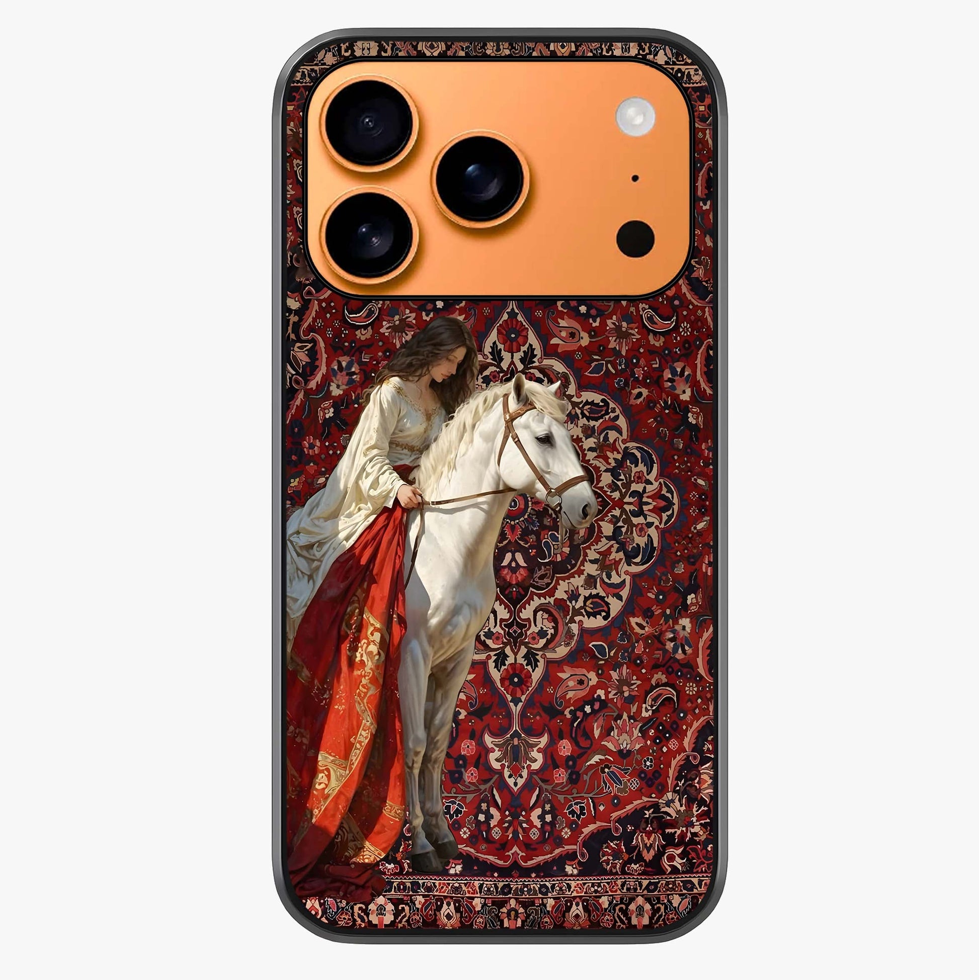 Royal Rider Tapestry Glass Case captured at a warm angle highlighting gloss, texture and premium glass finish.