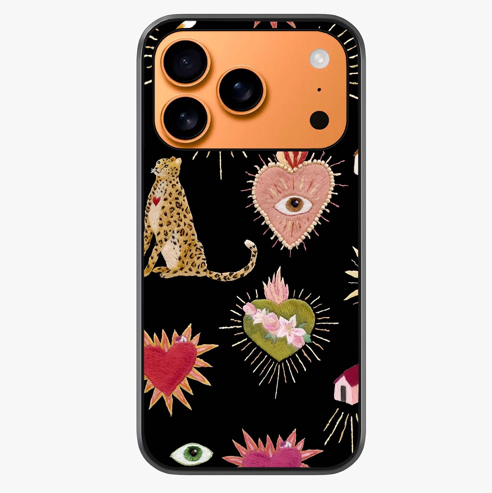 Sacred Jungle Heart Glass Case captured at a warm angle highlighting gloss, texture and premium glass finish.
