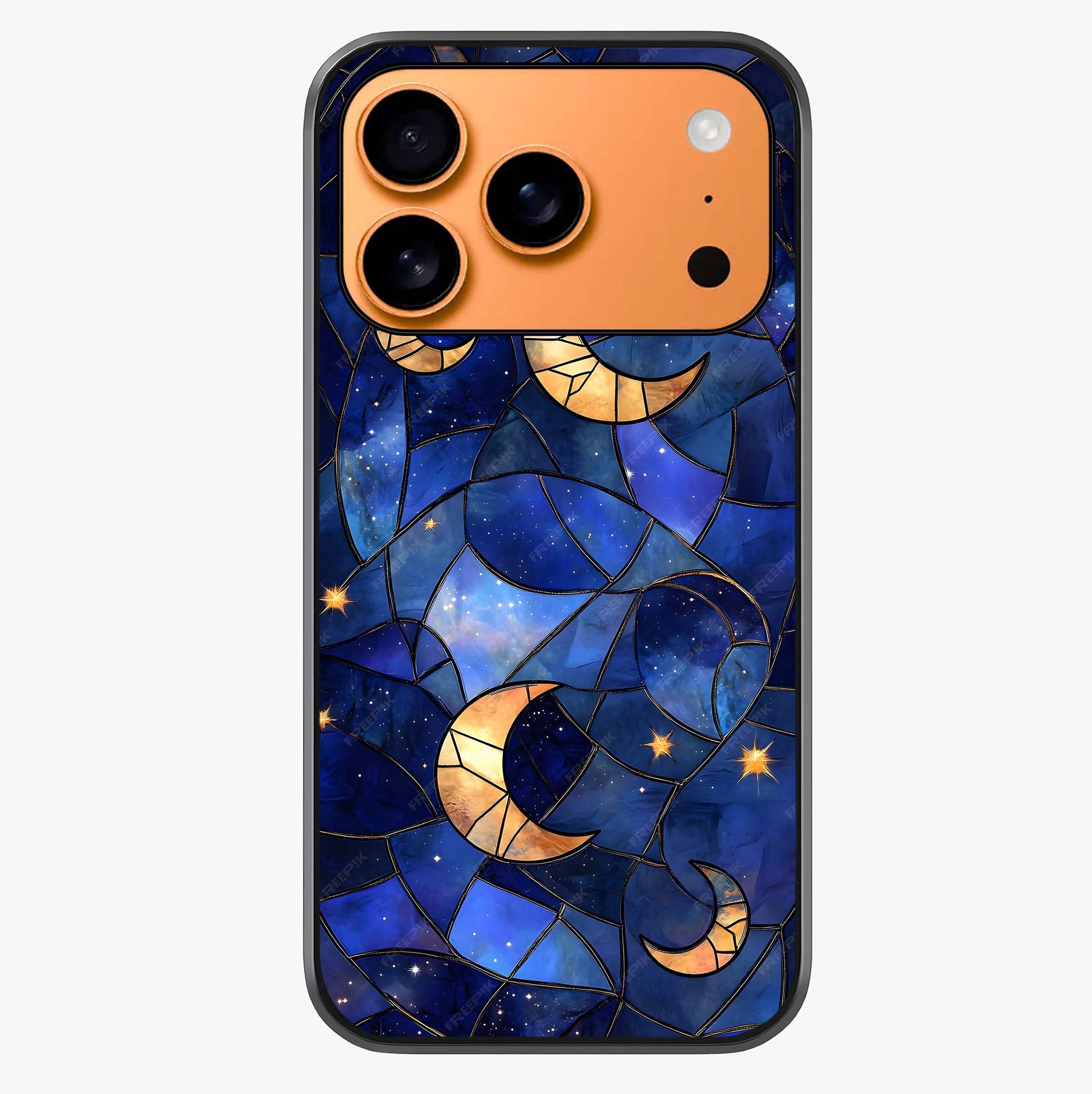 Starlit Sky Tapestry Glass Case captured at a warm angle highlighting gloss, texture and premium glass finish.