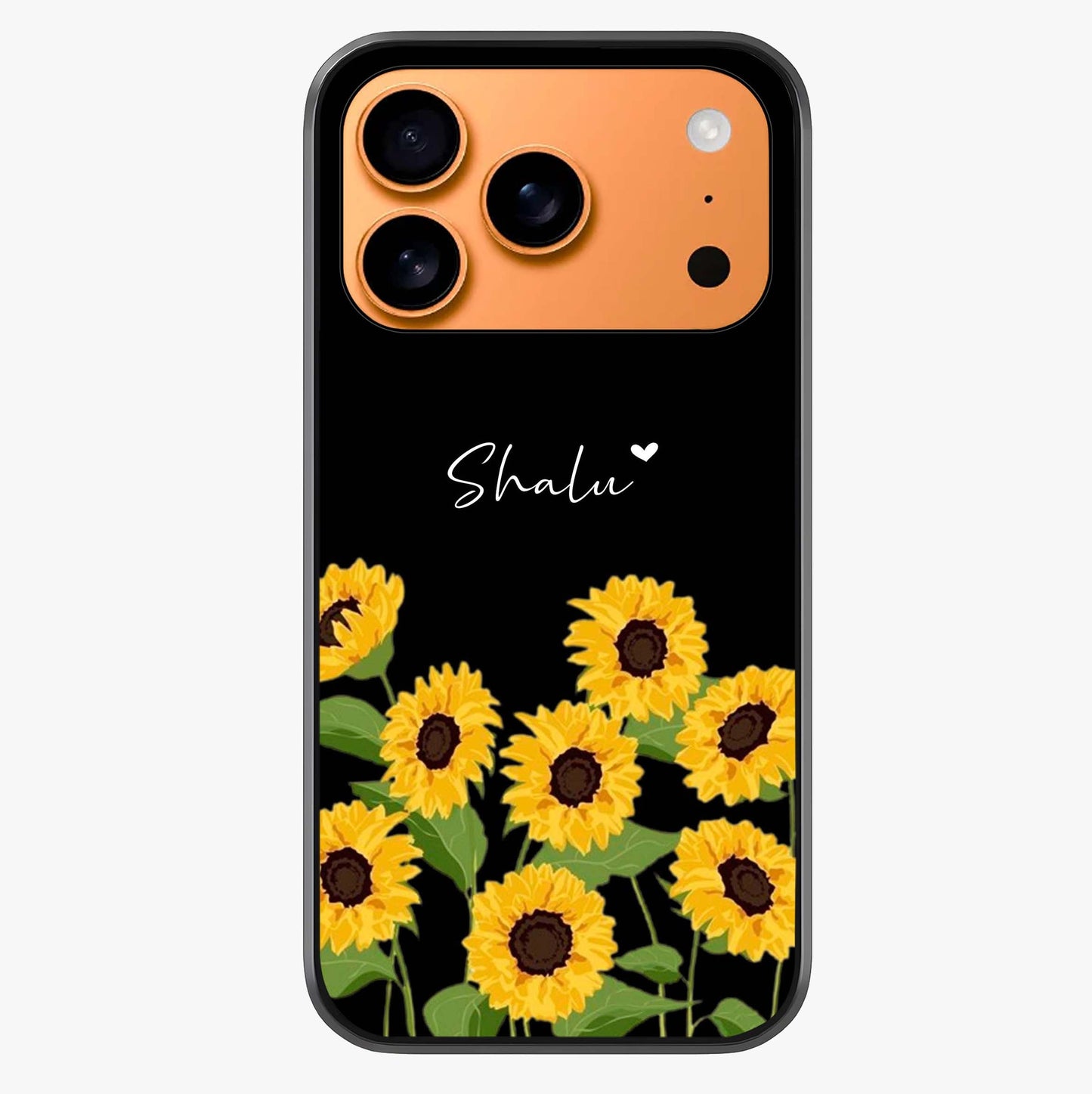 Sunflower Chic Mood Custom Name Glass Case captured at a warm angle highlighting gloss, texture and premium glass finish.