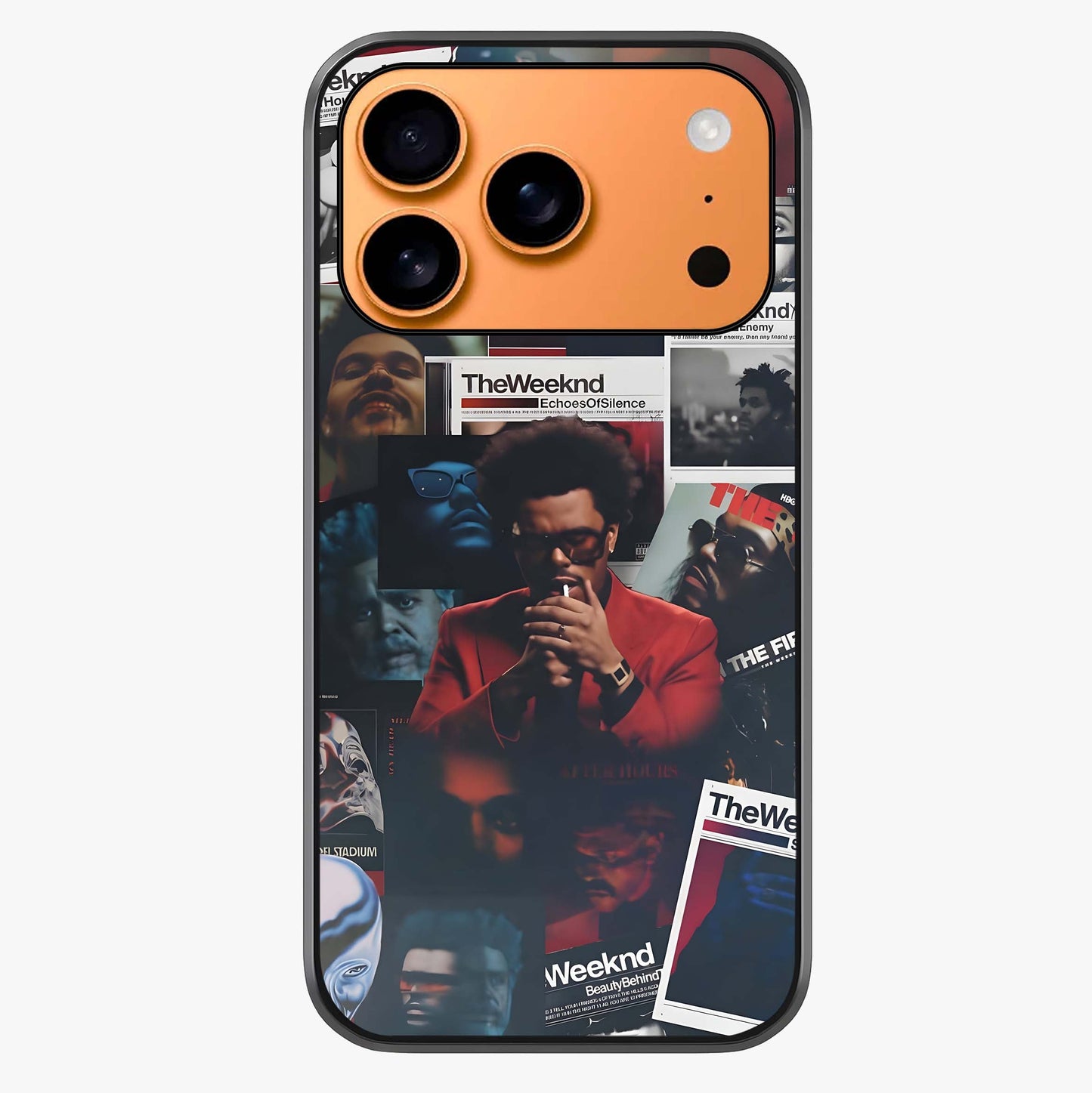 The Weeknd Glass Case captured at a warm angle highlighting gloss, texture and premium glass finish.