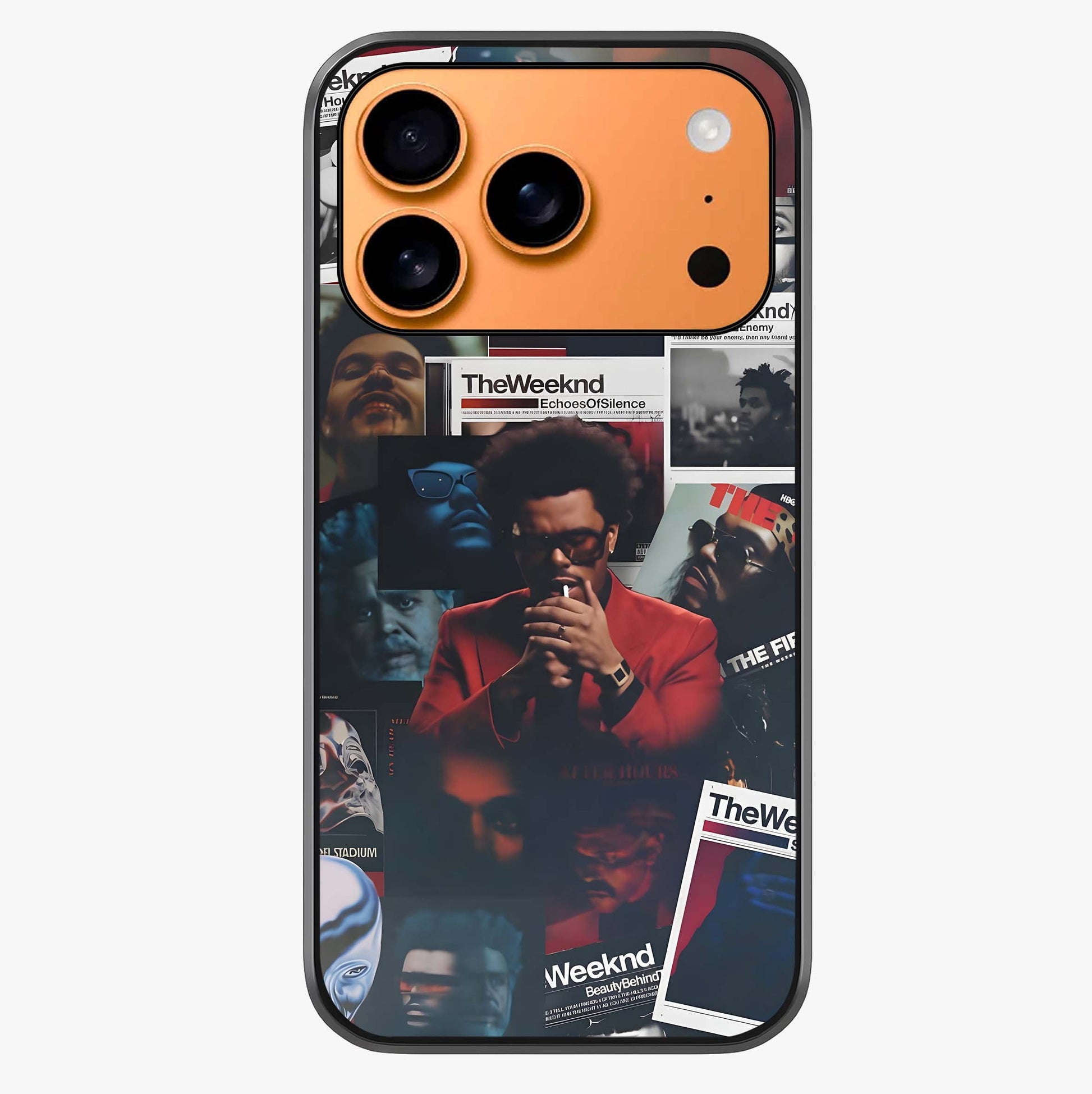 The Weeknd Glass Case captured at a warm angle highlighting gloss, texture and premium glass finish.