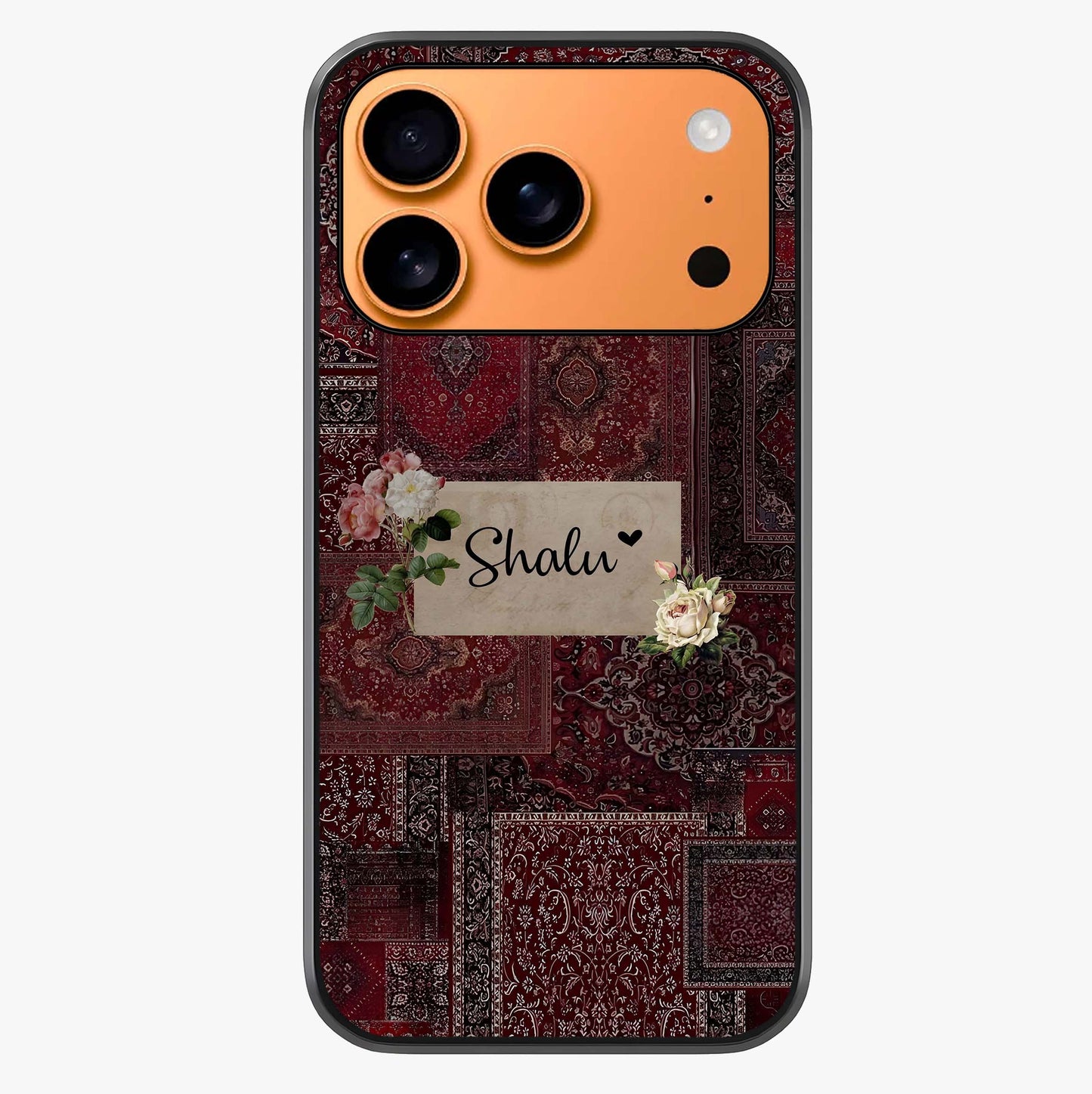 Velvet Wine Pattern Custom Name Glass Case captured at a warm angle highlighting gloss, texture and premium glass finish.