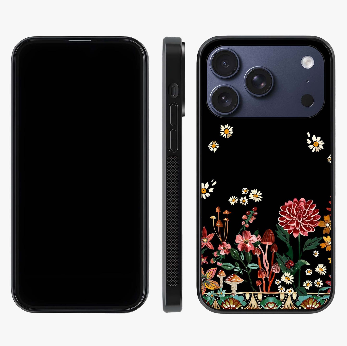 Midnight Bloom Pattern Glass Case displayed upright for full design visibility and premium finish.