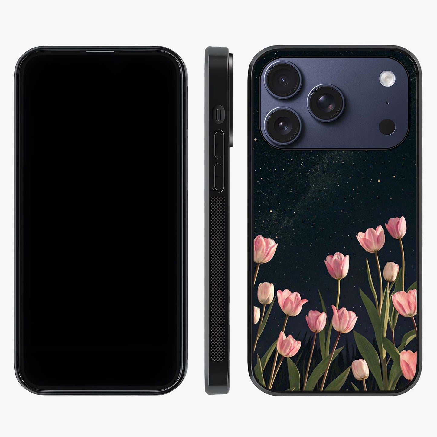 Midnight Tulip Whispers Vibe Glass Case displayed upright for full design visibility and premium finish.