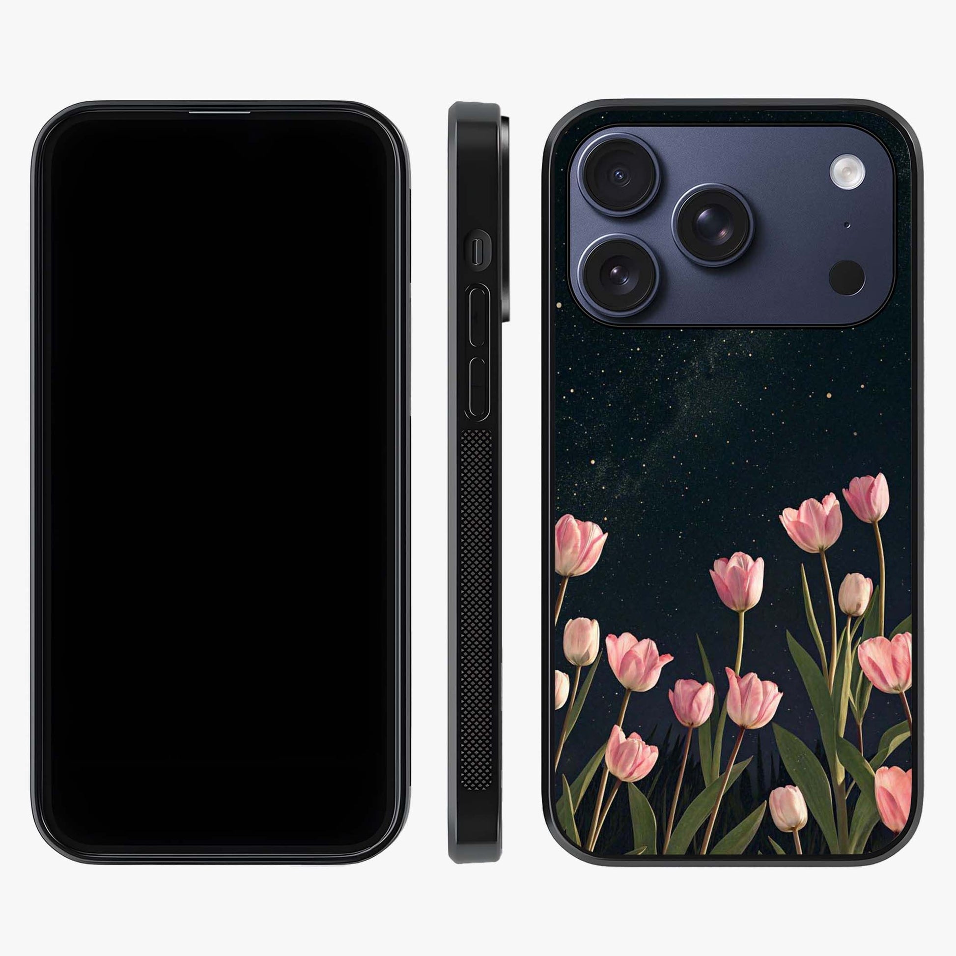 Midnight Tulip Whispers Vibe Glass Case displayed upright for full design visibility and premium finish.
