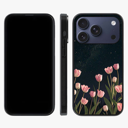 Midnight Tulip Whispers Vibe Glass Case displayed upright for full design visibility and premium finish.