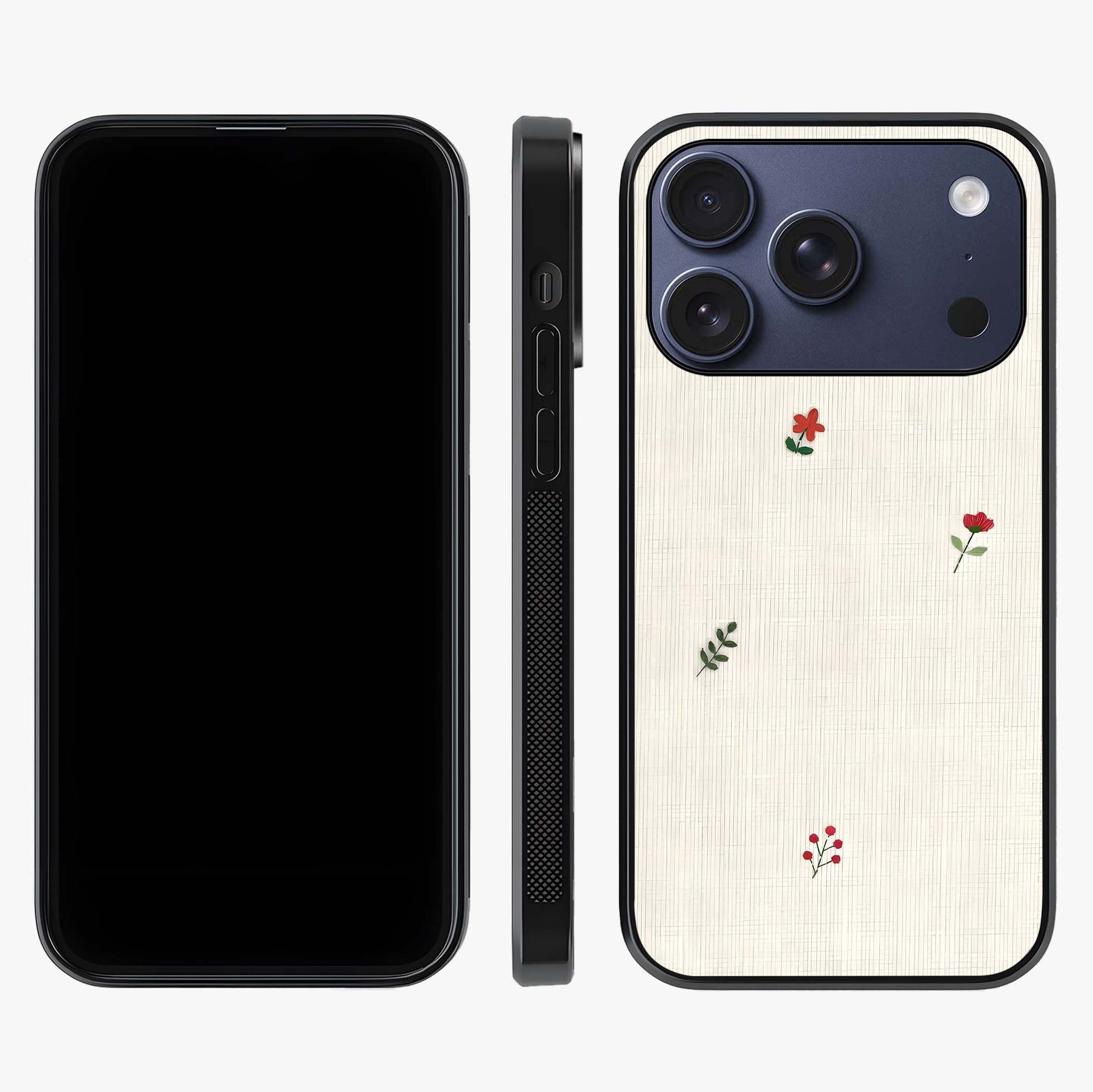Minimal Petal Whispers Glass Case displayed upright for full design visibility and premium finish.