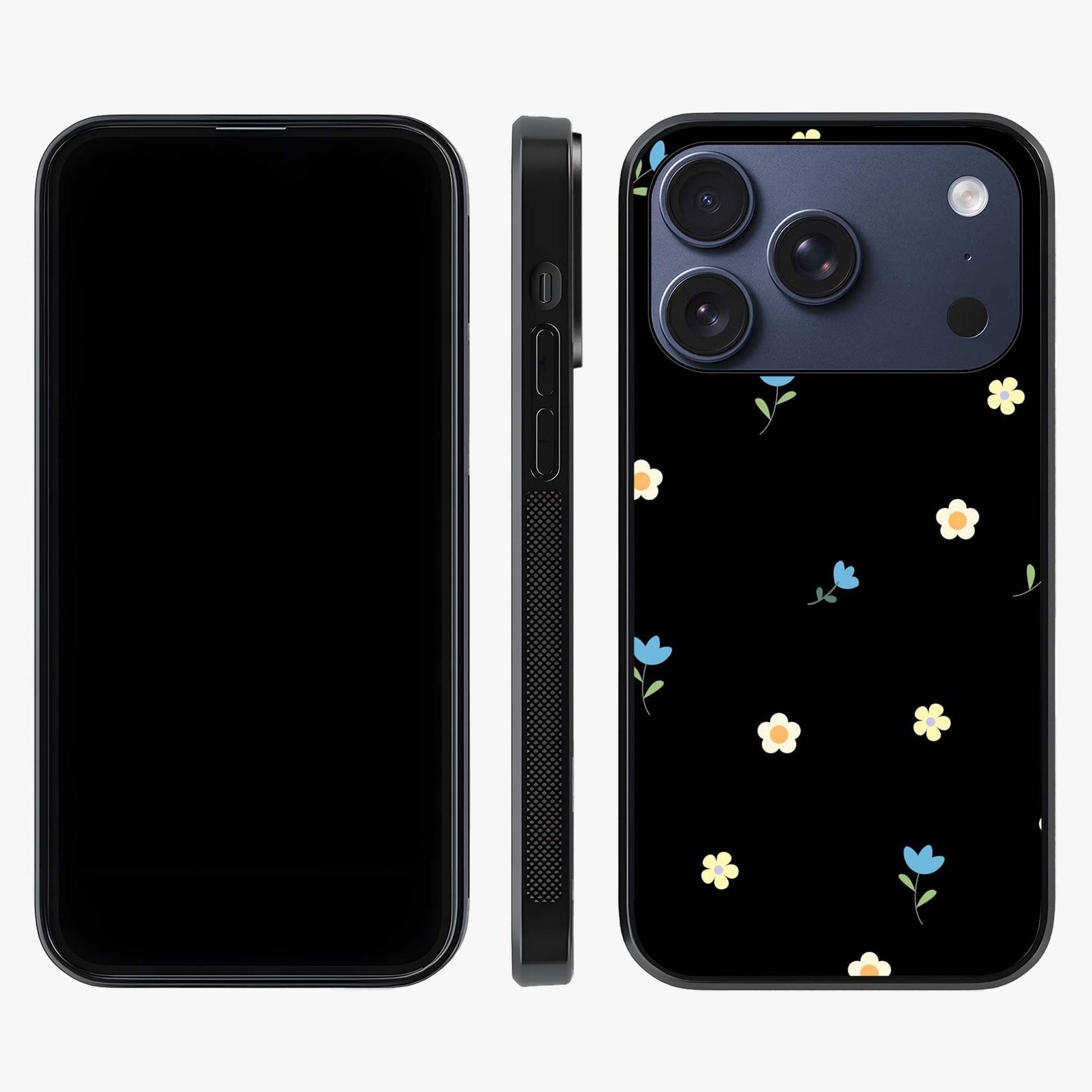 Minimalistic Blue With White Flower Pattern Glass Case displayed upright for full design visibility and premium finish.