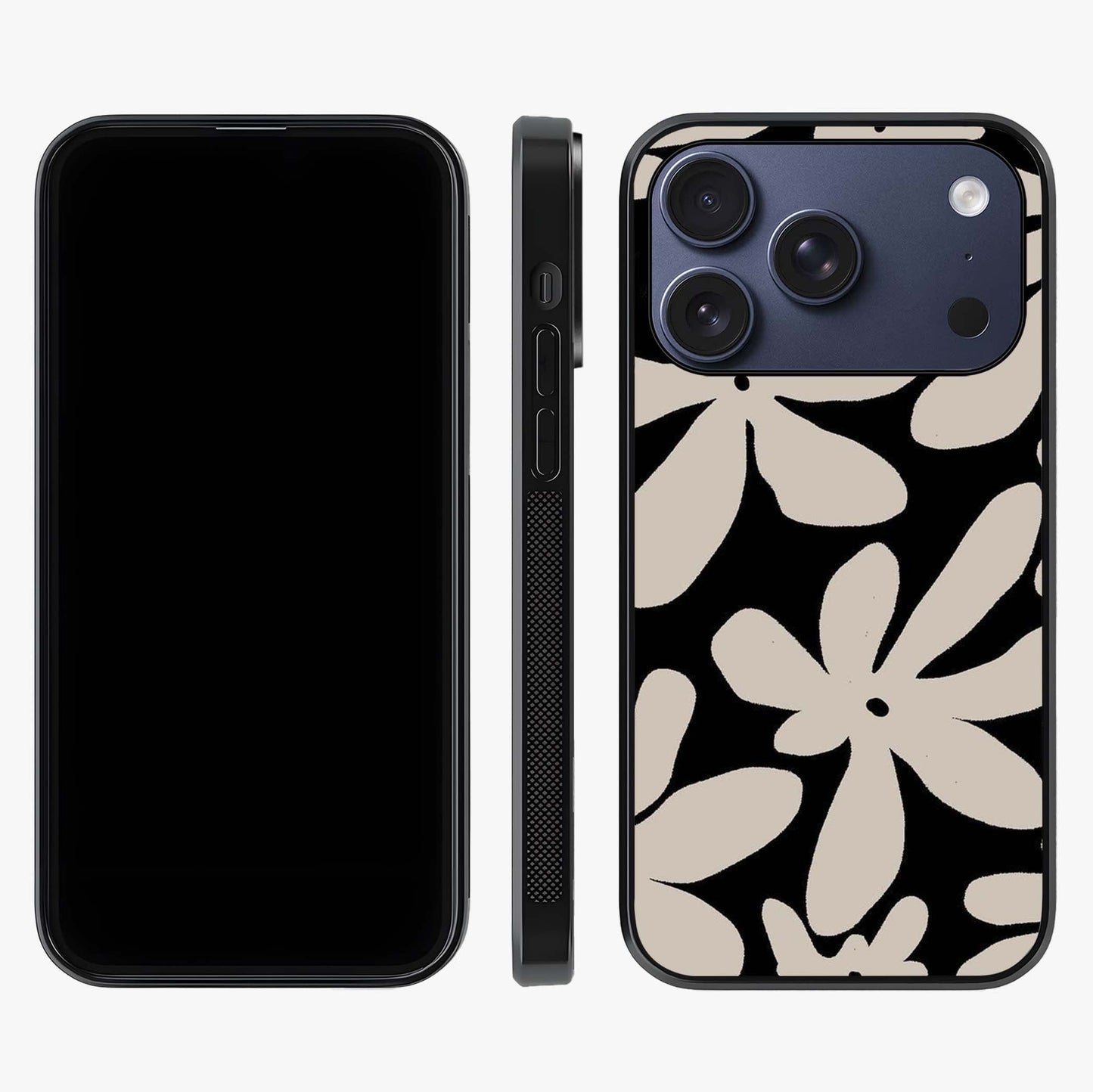 Monochrome Petal Dance Glass Case displayed upright for full design visibility and premium finish.