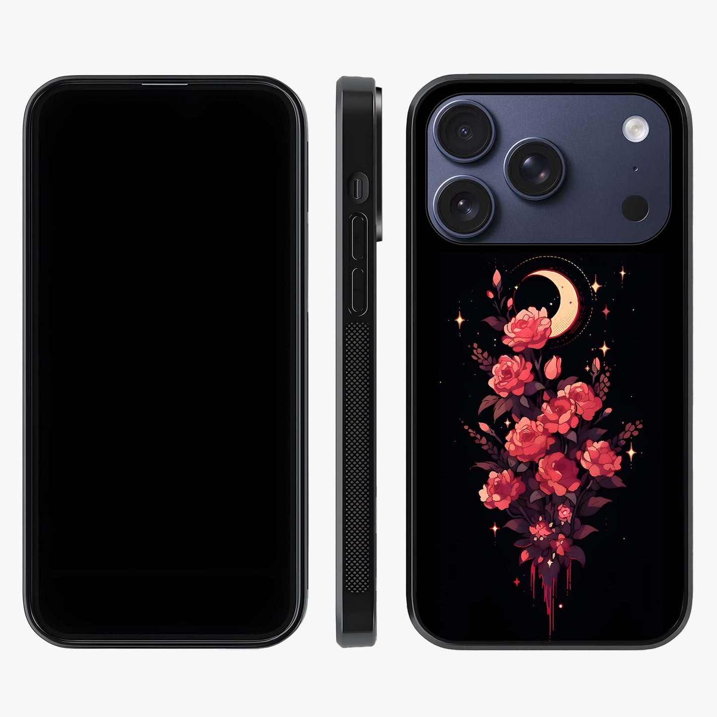 Moonlit Floral Elegance Glass Case displayed upright for full design visibility and premium finish.
