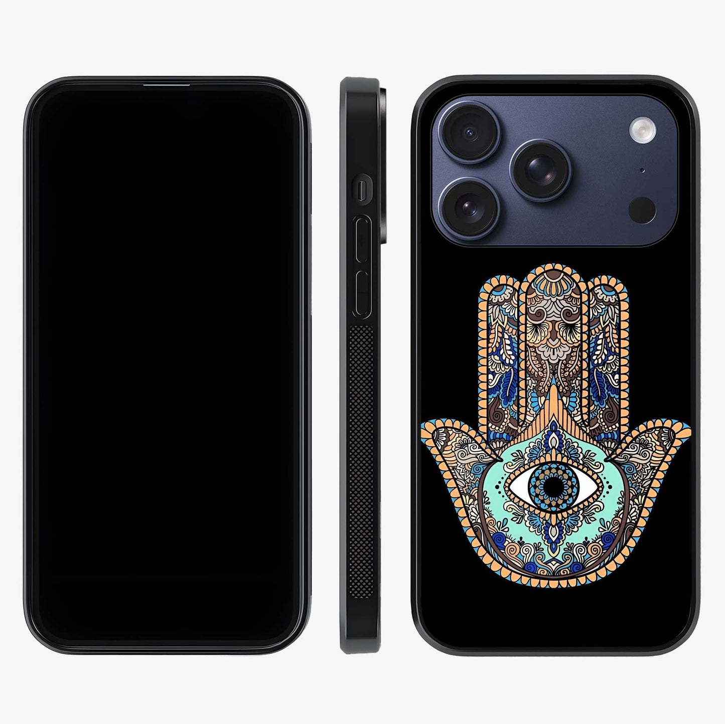Mystic Hamsa Eye Glass Case displayed upright for full design visibility and premium finish.