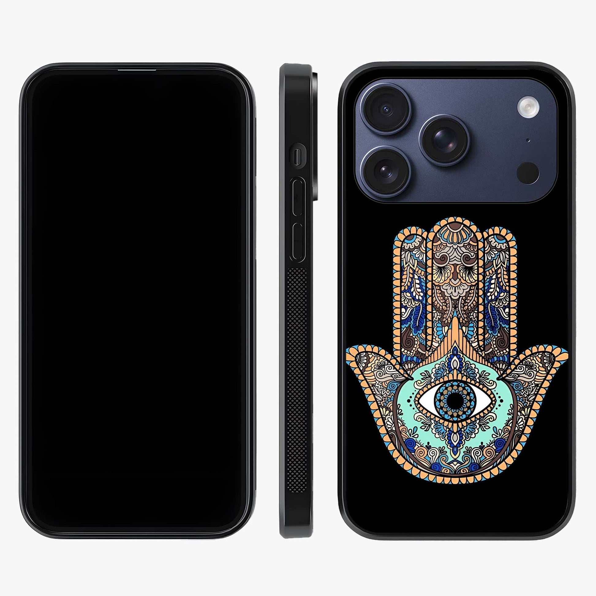 Mystic Hamsa Eye Glass Case displayed upright for full design visibility and premium finish.