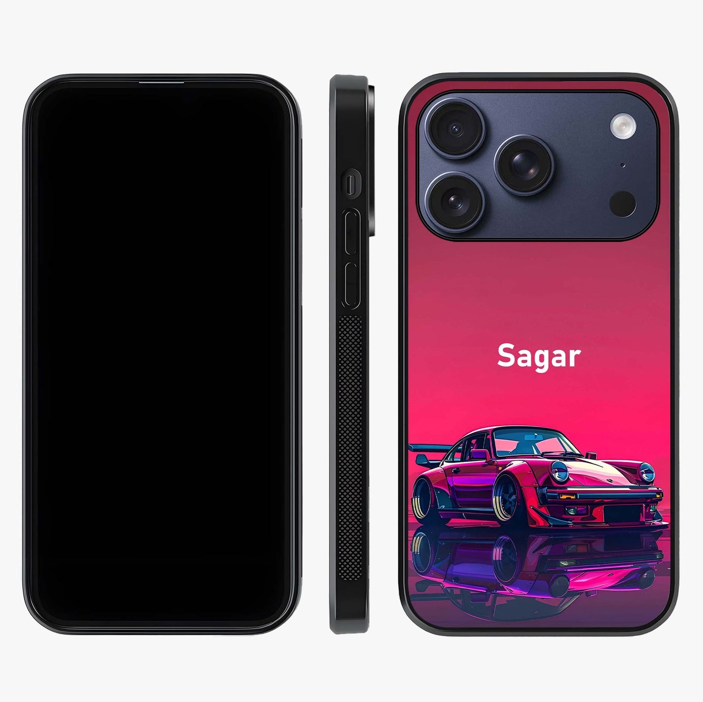 Neon Pink Porsche Glass Case displayed upright for full design visibility and premium finish.